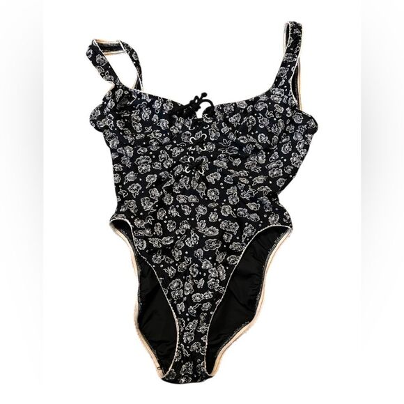 Baja Blue Vintage High Cut Swimsuit Black and White Floral One Piece Size 12 - Picture 5 of 9